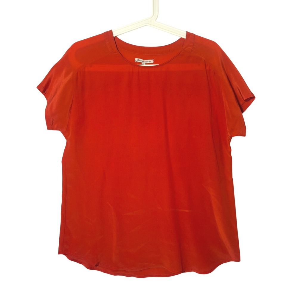 Broadway & Broome Red Orange 100% Silk Short Sleeve‎ Crew Neck Blouse Small